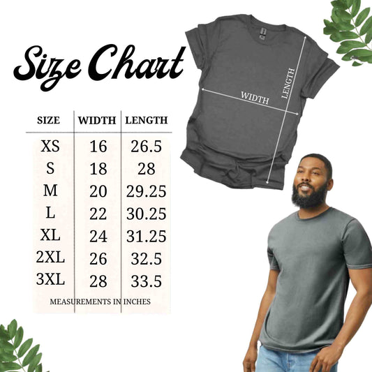 Size chart for t-shirts with a man wearing a gray t-shirt and text overlay.