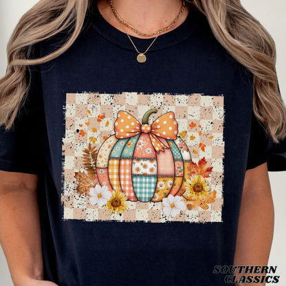 Autumn Pumpkin Checkered Tee - Cozy Fall Vibes