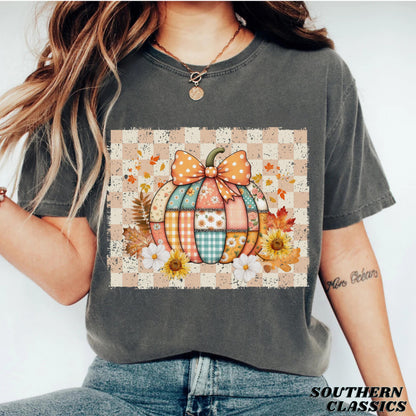 Autumn Pumpkin Checkered Tee - Cozy Fall Vibes