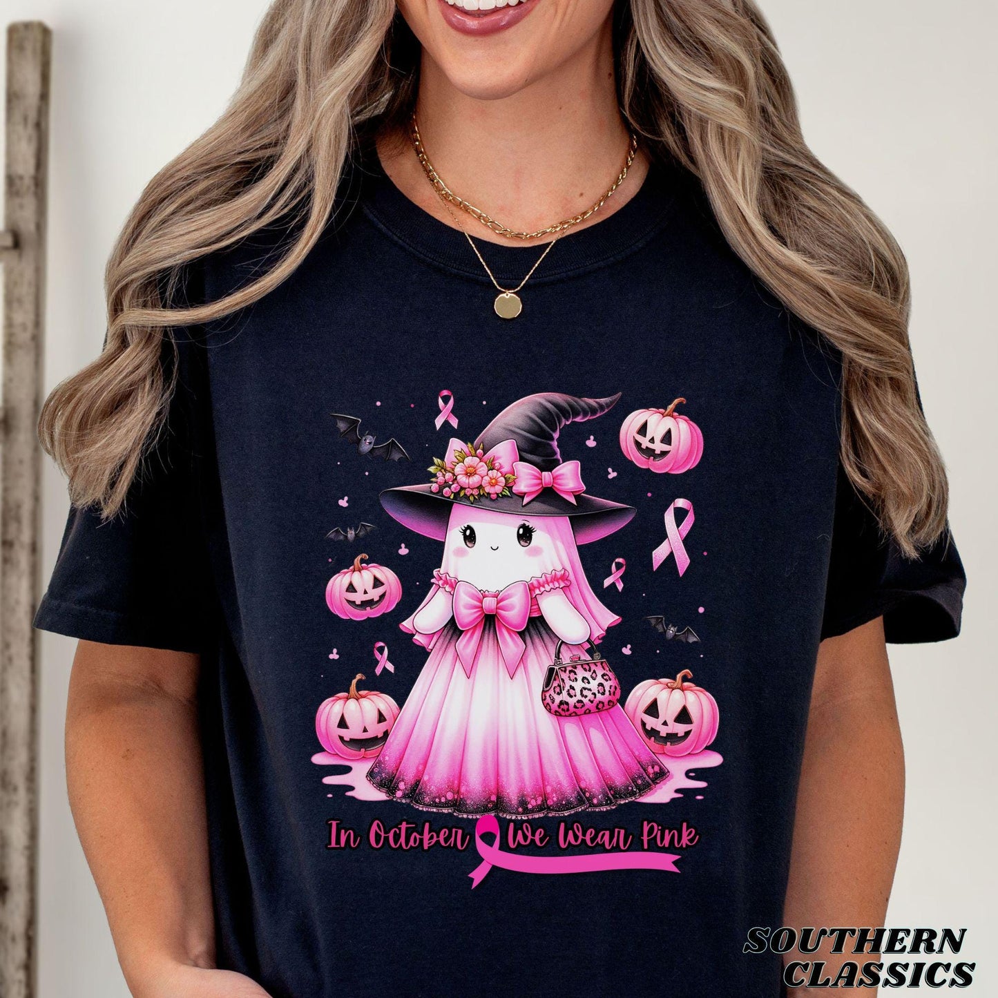 In October We Wear Pink Halloween Cute Ghost T-shirt