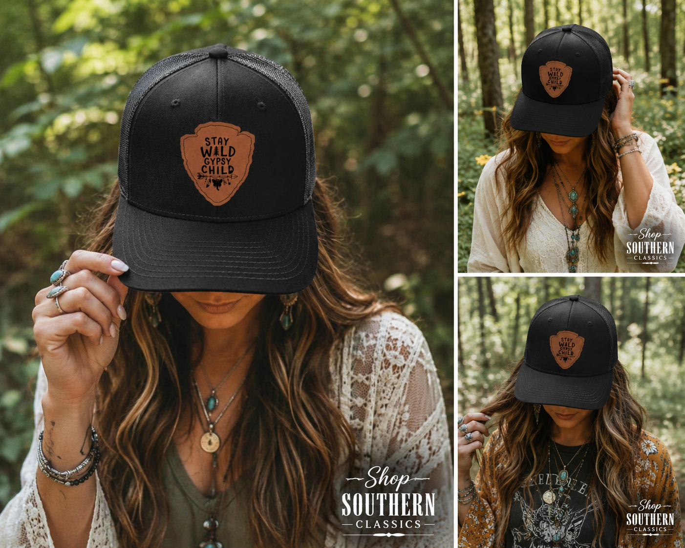 A collage showing a woman outdoors in a forest wearing a black trucker-style baseball cap with a brown shield patch that reads 'Stay Wild Chicks.' The main view is a close-up, with two smaller side views showing different angles of the cap on the model.