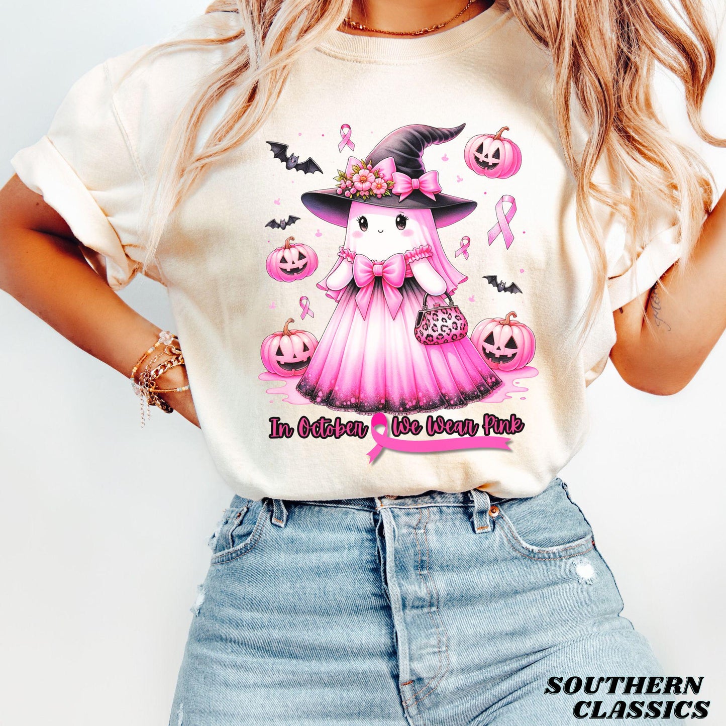 In October We Wear Pink Halloween Cute Ghost T-shirt